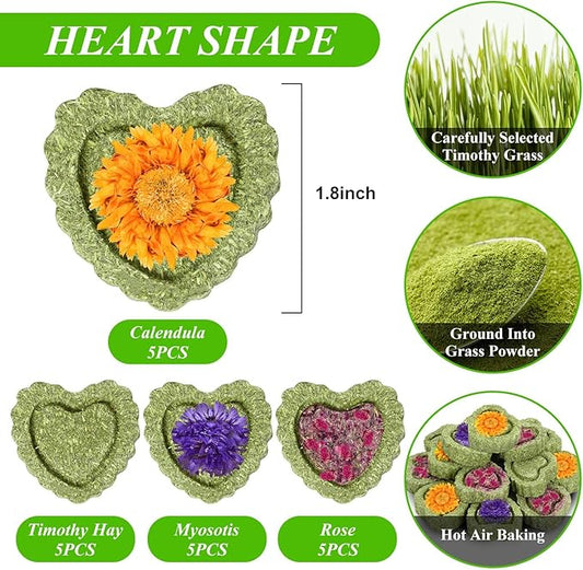 20PCS Bunny Chew Toys, Rabbit Toys for Bunny's Teeth, Chinchilla, Hamster, Guinea Pig & Pig, Organic Timothy Hay Cakes for Teeth Grinding & Dental Health