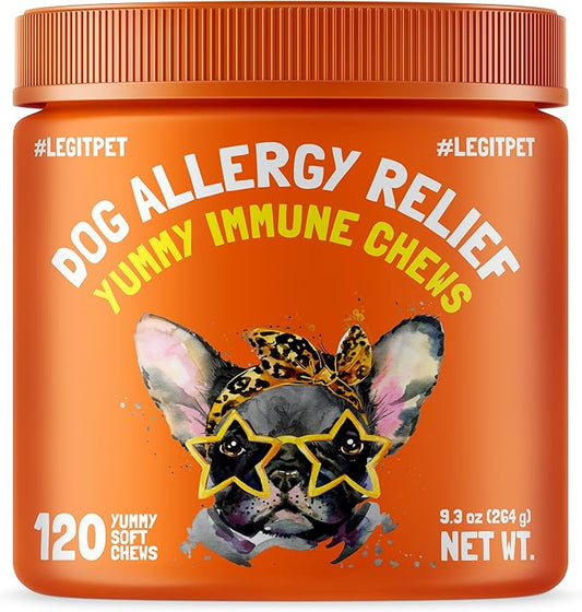Allergy Relief Chews for Dogs & Immune & Digestive Supplement with Wild Salmon Oil Kelp Colostrum Turmeric Probiotics & Bee Pollen for Seasonal Allergies Anti Itch, Skin Hot Spots 120 Soft Treats