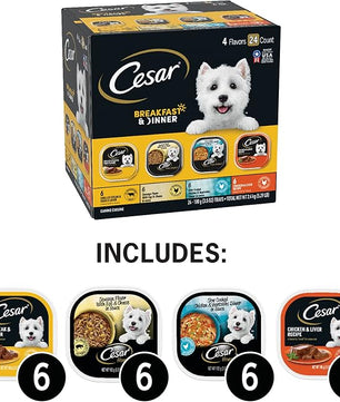 Cesar Wet Dog Food Home Delights & Classic Loaf in Sauce, Breakfast & Dinner Variety Pack, 3.5 oz. Easy Peel Trays (24 Count, Pack of 1)