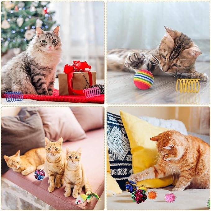 Shappy 150 Pcs Cat Toys Bulk Kitten Toys Pack Variety Funny Interactive Gift Including Mice Rainbow Balls Spring Crinkle Balls for Indoor Cat Kitty Kitten(Novel)