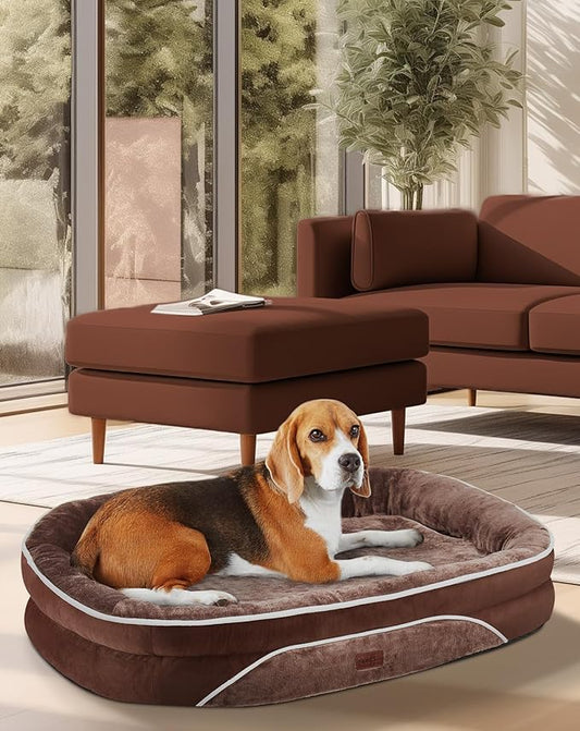 OhGeni Orthopedic Dog Couch Pet Sofa Large Sized Cat Beds with Comfort Foam Support, Soft Comfortable Fabric, Machine Washable Waterproof Removable Cover, 35-Inch (Brown)
