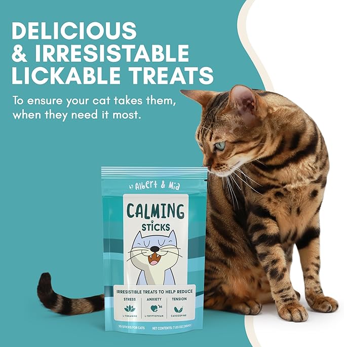 ALBERT & MIA Calming Sticks Lickable Cat Calming Treats - Stress & Cats Anxiety Relief - Irresistible - Vet Cat Calm Supplement Care (Kitten Sleep Aid, Grooming, Car Rides, Travel) 20 Pack