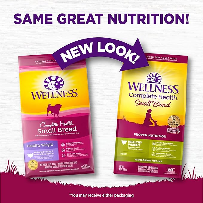 Wellness Complete Health Small Breed Dry Dog Food with Grains, Natural Ingredients, Made in USA with Real Turkey, For Dogs Up to 25 lbs (Adult, Healthy Weight Turkey & Rice, 4-Pound Bag)
