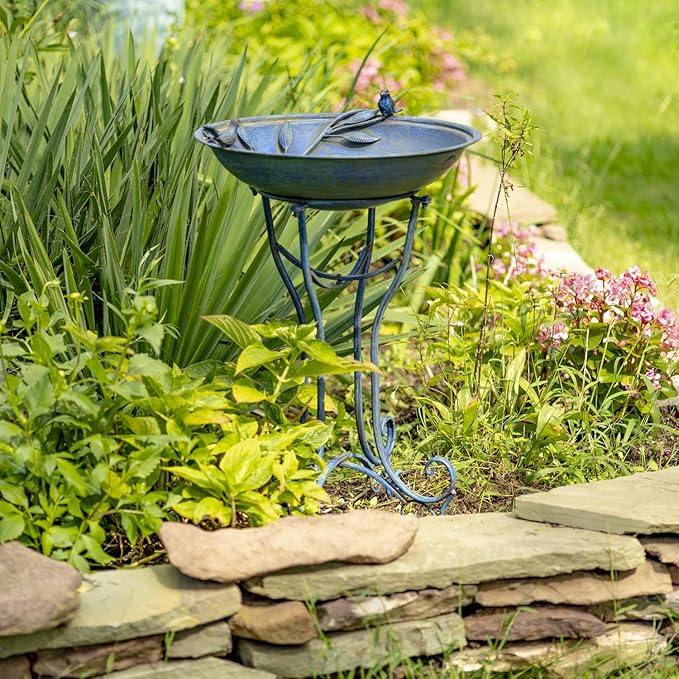 Zaer Ltd. Deep Well Made Metal Birdbath with 2 Cast Iron Birds and Leaf Decoration (Frosted Blue)