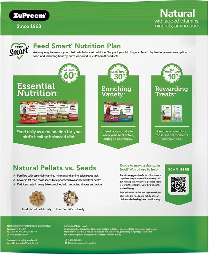 ZuPreem Natural Bird Food, Bird Feed Pellets for Parrot, Conure, Caique, African Grey, Eclectus, Small Cockatoo, ZuPreem Core Nutrition, Made in USA, Added Vitamins, Parrot Food, (M/L, 10 lb Bag)