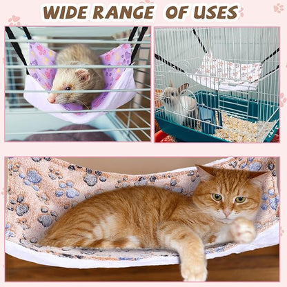 Geelin 4 Pcs Cat Hammock for Cage Hanging Soft Pet Hammock Bed with Adjustable Straps and Metal Hooks Double Sided Bed for Large & Small Cats Ferret Rat Sugar Glider Puppy(Paw,16 x 20 Inch)