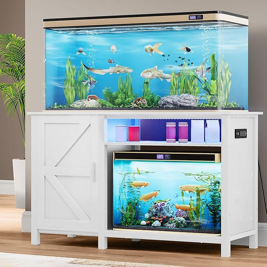 YITAHOME Aquarium Stand with Power Outlets, 55-75 Gallon Fish Tank Stand, Cabinet with RGB Light Strip Suitable for Turtle Tank, Reptile Terrarium, 900LBS Capacity,White