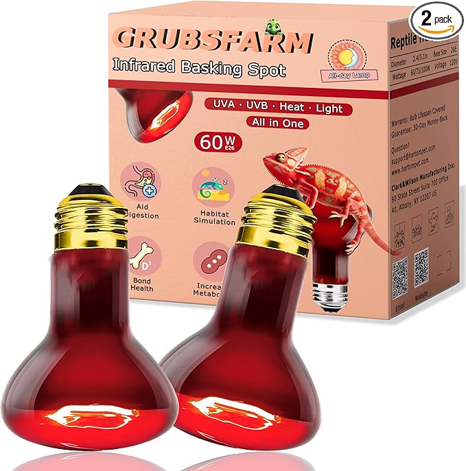 60W Compact Red Infrared Heat Lamp Bulb – Provides All-Day Heating to Support Metabolism, Digestion & Appetite, Basking Spot Light for Reptiles, Lizards, Terrarium & Brooder Heater, 2.5"