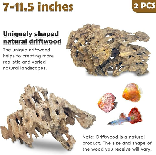 PINVNBY Natural Driftwood for Aquarium Large Reptile Terrarium Decor Decorations Assorted Branches Dearded Dragon Tank Accessories (7-11.5 inches/2 Pack)