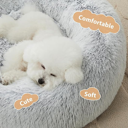 WNPETHOME Calming Dog Bed Cat Bed Donut, Faux Fur Pet Bed Self-Warming Donut Cuddler, Comfortable Round Plush Dog Beds (24 x 24 Inch, Light Grey)