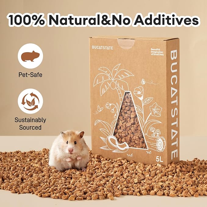 BUCATSTATE Cork Bedding 5L, Natural Hamster Bedding Odor Control for Dwarf Syrian Hamsters, Gerbils, Mice, Low-dust Hamster Substrate with Paper Hideout Box (Grain 4-5mm)