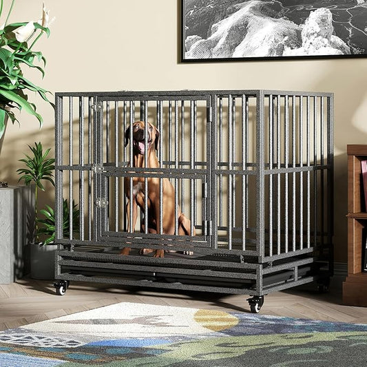Heavy Duty Extra Large Dog Crate with Wheels - Indestructible 42/46 Inch Chew-Proof, Escape-Proof Kennel for High-Anxiety and Extra Large Dogs