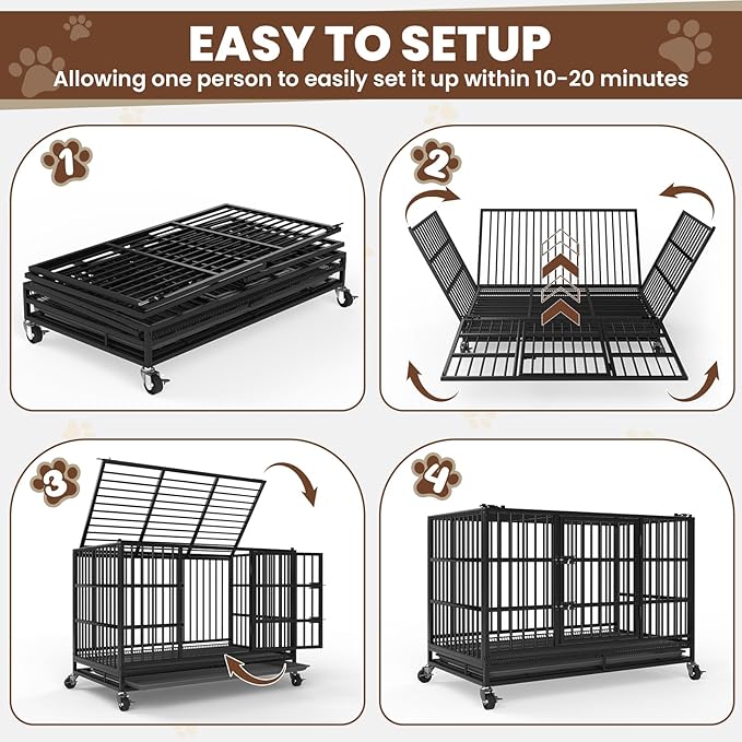 LEVELEVE 48 Inch Heavy Duty Indestructible Dog Crates for Large Dogs，Escape Proof Dog Cage Large Dogs with Lockable Wheels，Dog Kennel Furniture Indoor&Outside