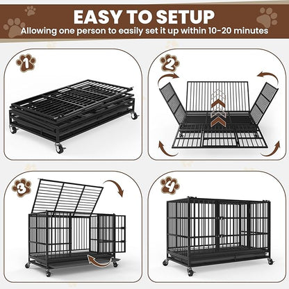 LEVELEVE 48 Inch Heavy Duty Indestructible Dog Crates for Large Dogs，Escape Proof Dog Cage Large Dogs with Lockable Wheels，Dog Kennel Furniture Indoor&Outside