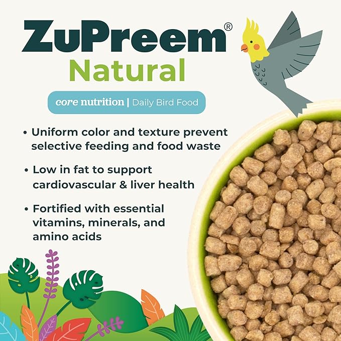ZuPreem Natural Bird Food, Bird Feed Pellets for Parrot, Conure, Caique, African Grey, Eclectus, Small Cockatoo, ZuPreem Core Nutrition, Made in USA, Added Vitamins, Parrot Food, (M/L, 10 lb Bag)