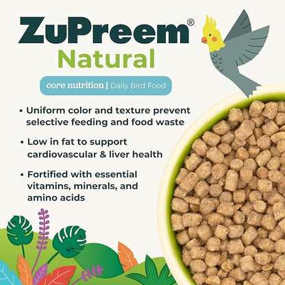 ZuPreem Natural Bird Food, Bird Feed Pellets for Parrot, Conure, Caique, African Grey, Eclectus, Small Cockatoo, ZuPreem Core Nutrition, Made in USA, Added Vitamins, Parrot Food, (M/L, 10 lb Bag)