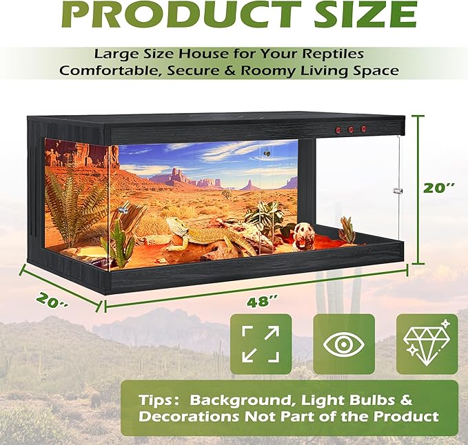 Royxen Tempered Glass Reptile Enclosure,Reptile Tank with Wooden Mesh Top and Lockable Design,79 Gallon Bearded Dragon Tank for Lizard Gecko Tortoise Snake Habitat,48" x 20" x 20",Black