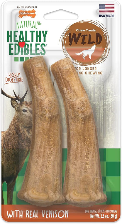 Nylabone Healthy Edibles WILD Natural Dog Chew Treats for Large Dogs, Long Lasting Dog Healthy Chew Antler Bone Made in USA, Venison Flavor, For Dogs Up to 50 lbs. (2 Count)