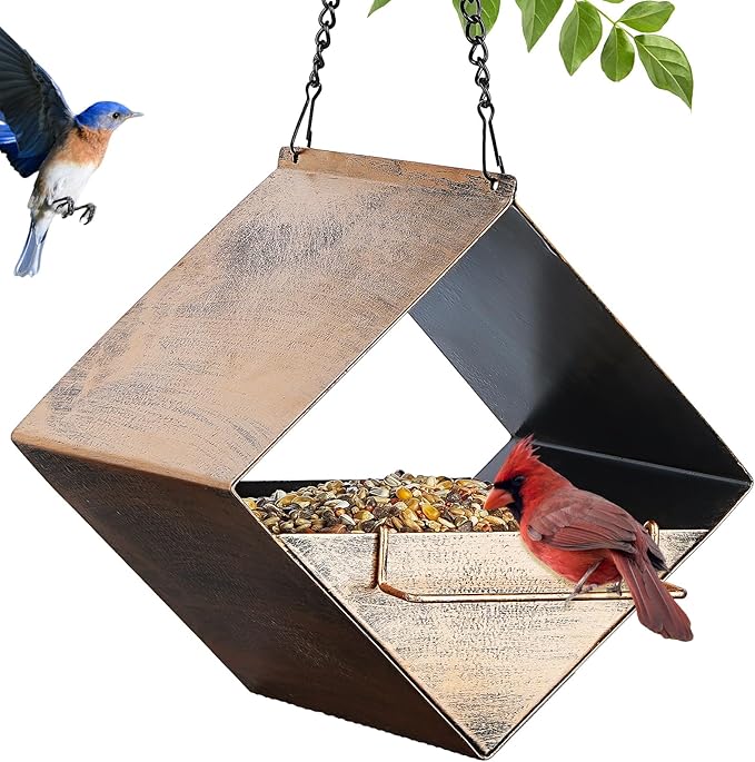 MYITYARD Hanging Bird Feeder, Small Metal Wild Bird Feeders for Outdoors, Garden Yard Decorative Birdfeeder, Square Vintage Bronze