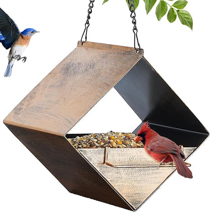 MYITYARD Hanging Bird Feeder, Small Metal Wild Bird Feeders for Outdoors, Garden Yard Decorative Birdfeeder, Square Vintage Bronze