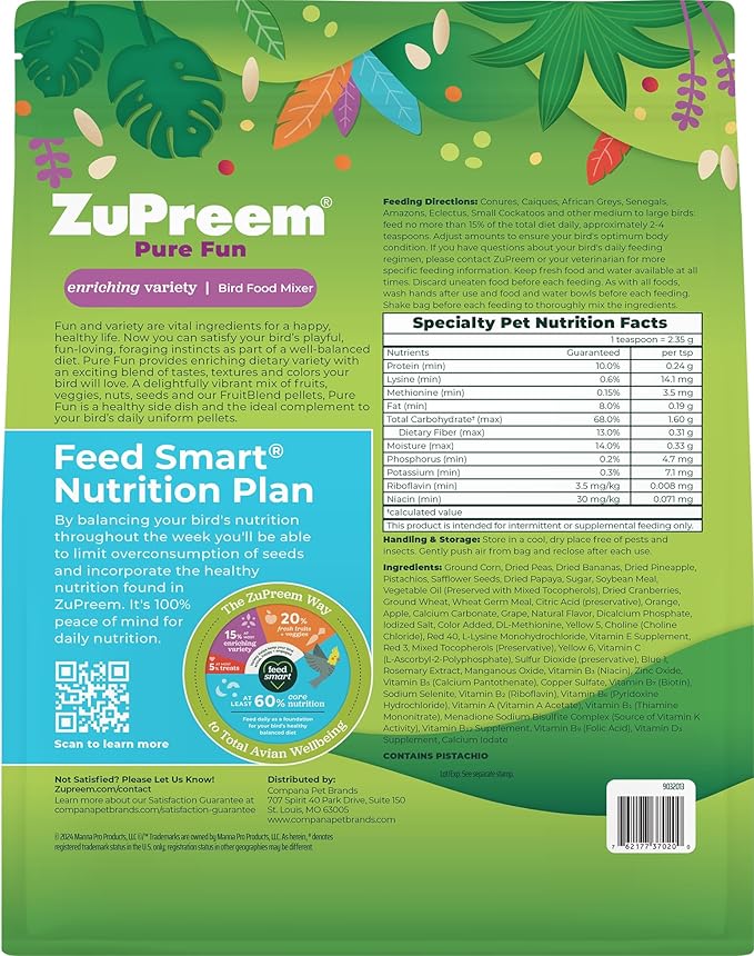 ZuPreem Pure Fun Bird Food, Parrot, Conure, Caique, African Grey, Eclectus, Small Cockatoo, Seed and Pellet Blend for Medium Large Birds, Bird Food Mixer Topper, Enriching Variety (ML, 2 lbs)
