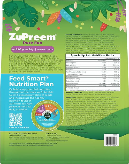 ZuPreem Pure Fun Bird Food, Parrot, Conure, Caique, African Grey, Eclectus, Small Cockatoo, Seed and Pellet Blend for Medium Large Birds, Bird Food Mixer Topper, Enriching Variety (ML, 2 lbs)