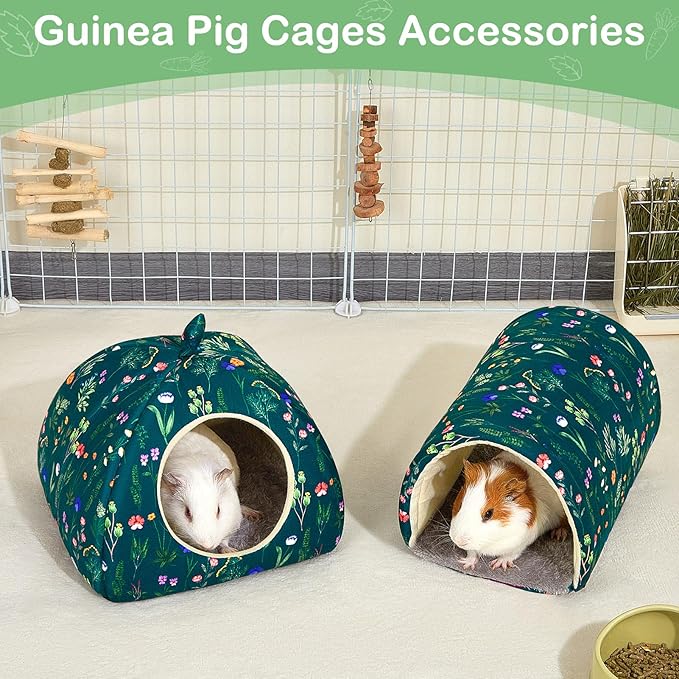 Bienbee Guinea Pig Hideout, Washable Rabbit Bed with Guinea Pig Tunnel, 2 Pack Guinea Pigs Toys Set Bunny Hideout Cage Accessories for Hamster Ferret Rabbits Bunny,Dark Green Flower Branches