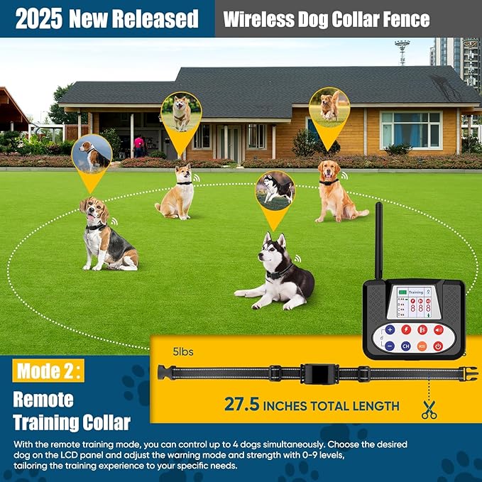 Wireless Dog Fence System, Electric Fence for Dogs with Big LCD Screen, 2 in 1 Portable Wireless Pet Perimeter for Outdoor, Remote Training collar, Adjustable Collar for Big Medium Dogs (For 1 Dog)