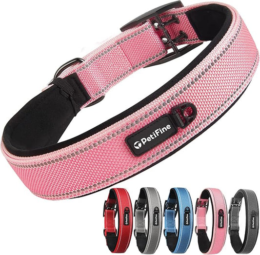 PetiFine Dog Collar for Large Dogs, Neoprene Padded and Adjustable, Reflective Wide Heavy Duty Pet Collars with Durable Metal Belt Buckle for Walking, Pink, XL