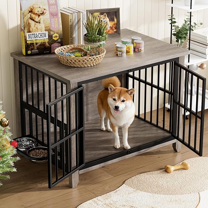 Lulive Dog Crate Furniture, Wooden Dog Kennel Indoor with Adjustable 360°& Height Dog Bowls, Double Doors Furniture Dog Crates End Table for Small/Medium 31.5" L*22.5" W*25.6" H, Grey