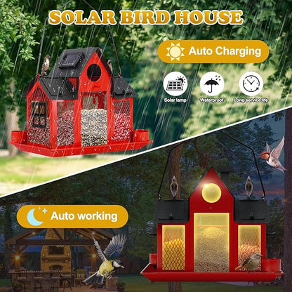 Solar Bird Feeders House for Outside Hanging, Metal Wild Bird Feeder for Outdoors Large Capacity Cardinal Birdfeeder Birdhouses Metal Bird Feeding Station Red