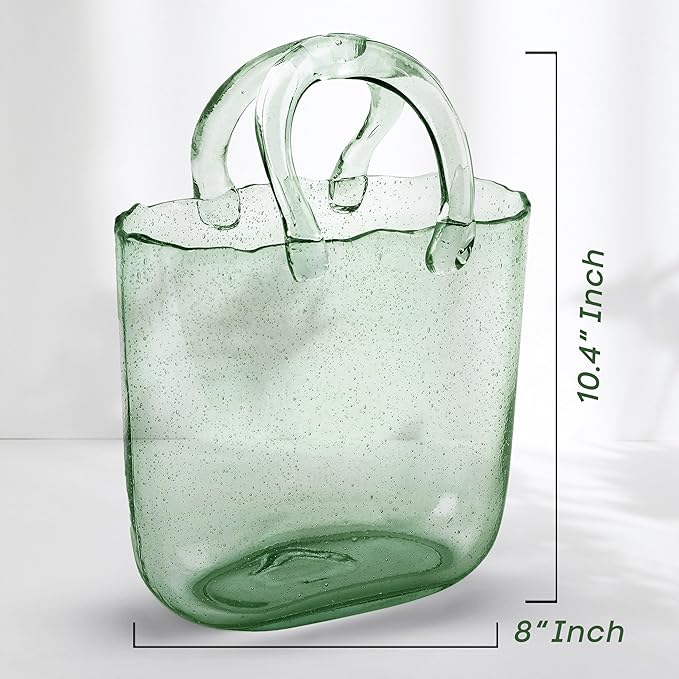 OLEEK Purse Vase for Flowers (Handmade) - 10 Inches Clear Glass Purse Vase - Cool & Cute vases for centerpieces, Fish Bowl - Unique Glass Handbag Flower vase Decorative - Wide Mouth Glass Purse