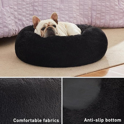 Love's cabin Calming Cat Bed for Indoor Cats,Anti-Anxiety Donut Round Dog Bed,Fluffy Faux Fur Washable Pet Bed for Small Medium Dogs and Cats,Black,20in