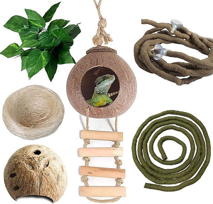 kathson Lizard Coco Den with Ladder, Reptile Hideouts Gecko Coconut Husk Hut with Artificial Bendable Jungle Climbing Vines for Chameleon, Lizards, Gecko, Snakes