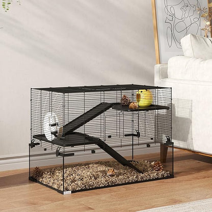 PawHut Large Hamster Cage with Deep Tempered Glass Bottom, 3 Tiers Hamster Tank with Running Wheel, Hut, Water Bottle, Dish, Rat Cage for Syrian, Dwarf, Gerbils, Mouse, 31" x 19" x 21.5", Black
