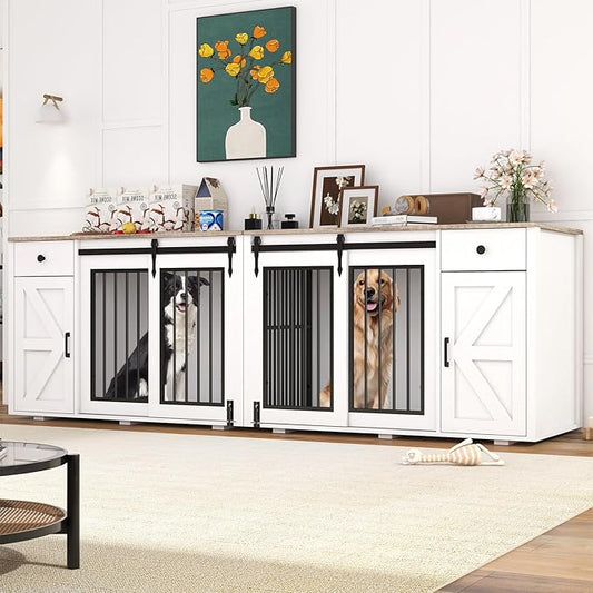 Verano Garden 88" Large Dog Crate, 2-in-1 Furniture-Style Dog Crate with Storage Drawer & Cabinet, Heavy Duty Dog Kennel Dog Cage Indoor for Small Medium Large Dogs, White (88.2")