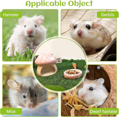 BNOSDM Ceramic Hamster Hideout and Food Bowl Set Cute Mushroom Shape Hamster House and Habitat Cool Hamsters Hide Suitable for Syrian, Mice, Dwarf Hamsters, Gerbils (Pink)