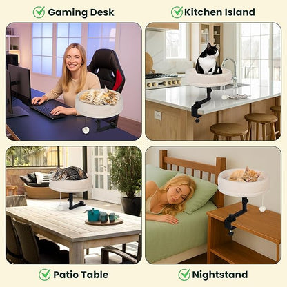 Zayana Cat Desk Bed Attachment - 360° Rotating & Adjustable Height Cat Bed Desk Mount with Soft Faux Fur Washable Cover, Space Saver Hammock for Home Office & Gaming Table, Supports Up to 45 lb, Beige