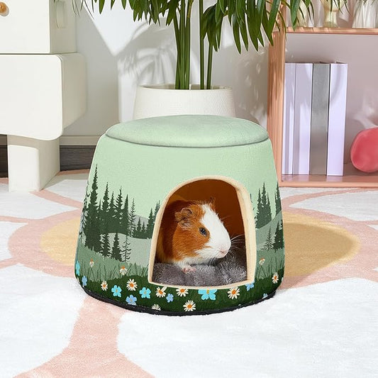 Glittme Guinea Pig Hideout,2 in 1 Guinea Pig Bed with Removable Pad, Washable Bunny Bed,Rabbit,Forest