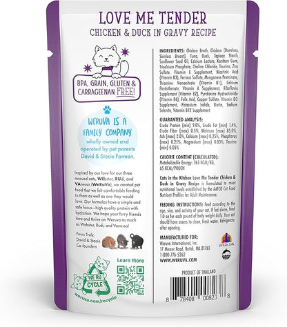 Weruva Cats in The Kitchen, Love Me Tender with Chicken & Duck in Gravy Cat Food, 3oz Pouch (Pack of 12)