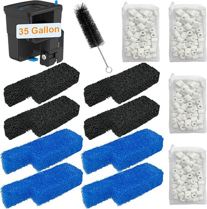 Aquarium Media Maintenance Kit Compatible with Seachem Tidal 35 Gallon Power Filters, Includes 4 Packs Ceramic Rings, 4 Packs Blue Foam Filters and 4 Packs Carbon Sponge Filters