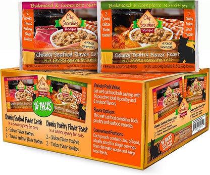 Chef Scoochie's Gourmet Wet Cat Food Variety Pack with Natural Poultry & Seafood Flavors - Tender Chunks in Gravy Cat, 16 Individual Pouches (3oz Each 8 Pouches of Each Flavor)