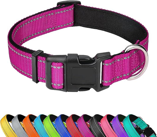 Reflective Dog Collar, Adjustable Soft Neoprene Padded Nylon Pet Collars with Buckle for Puppy and Small Dogs, Cats,Rose Red,XS