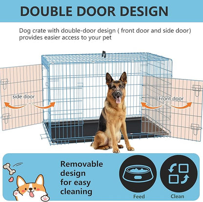 FDW Extra Large Dog Crate Dog Kennel Cage with Double Door,48 inch Folding Metal Wire Dog Cage with Removable Tray&Divider Panel,Pet Crate for Large Dogs,Blue
