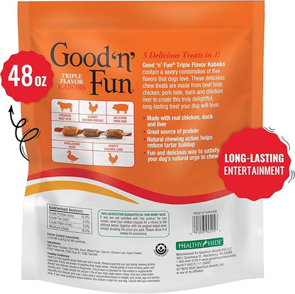 Good ‘n’ Fun Triple Flavor Kabobs Chews for All Dogs, 48 Ounces, Treat Your Dog to Chews Made from Beef Hide, Real Chicken, Pork Hide, Duck and Chicken Liver