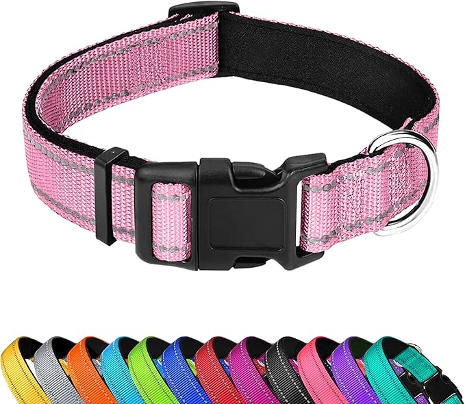 Reflective Dog Collar, Adjustable Soft Neoprene Padded Nylon Pet Collars with Buckle for Small Dogs, Light Pink,S