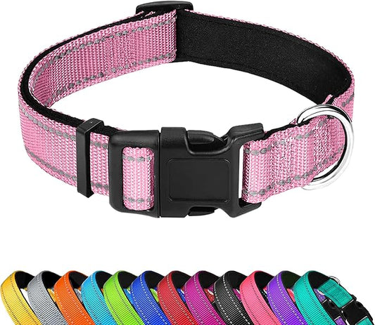 Reflective Dog Collar, Adjustable Soft Neoprene Padded Nylon Pet Collars with Buckle for Small Dogs, Light Pink,S