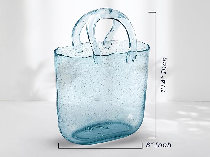 OLEEK Purse vases for Flowers (Handmade) Glass Bag vase -10 Inches- Blue for centerpieces & Fish Bowl - Handbag Unique Flower vase Decorative - Glass Handbag for Cute Room Decor