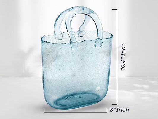 OLEEK Purse vases for Flowers (Handmade) Glass Bag vase -10 Inches- Blue for centerpieces & Fish Bowl - Handbag Unique Flower vase Decorative - Glass Handbag for Cute Room Decor