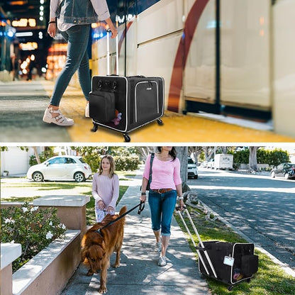 Petskd Extra Large Cat Carrier with Wheels and Litter Box 24"x17"x17" for Large Cat or 2 Small Cats, Collapsible Soft Sided Pet Carrier for Car Travel with Lockable Safety Zippers(Black)